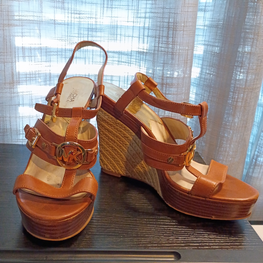 Michael Kors Tan Leather Wedge Sandals